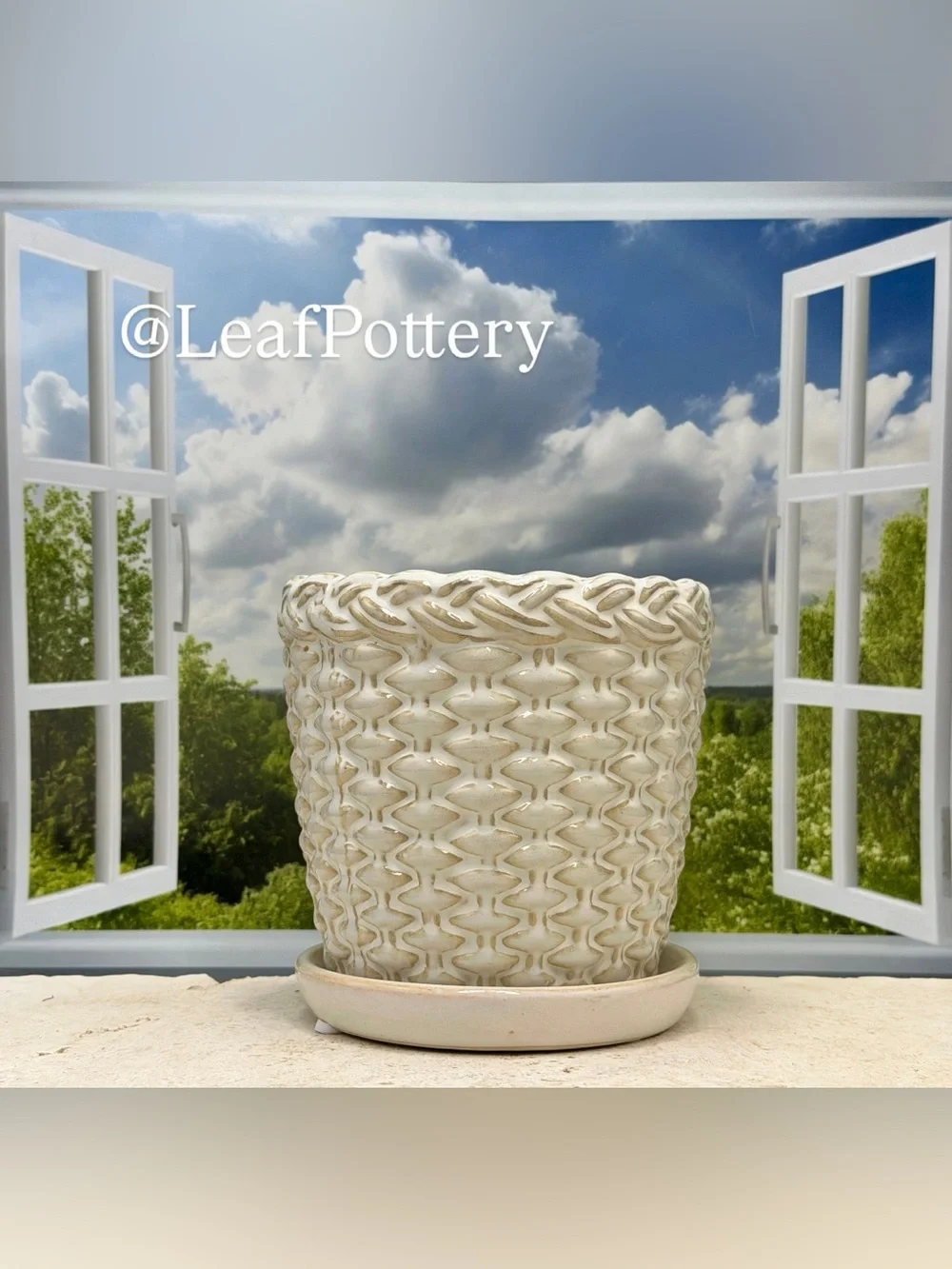 Ceramic Woven Basket Planter with Attached Saucer & Drainage Hole